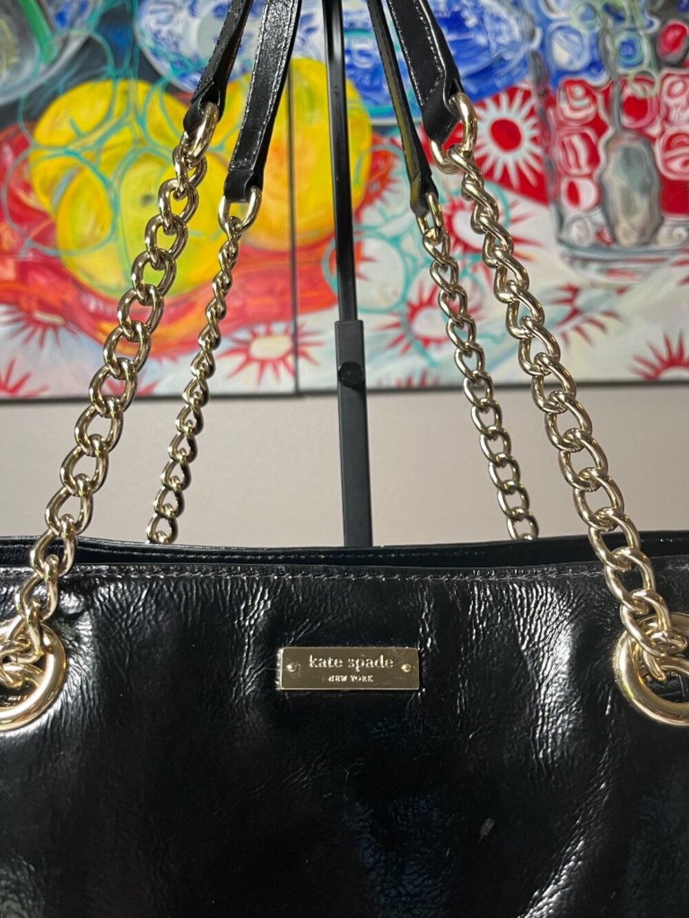 Kate Spade New York Black Patent Leather Deborah Lloyd Era Tote Chain Strap - Picture 2 of 14
